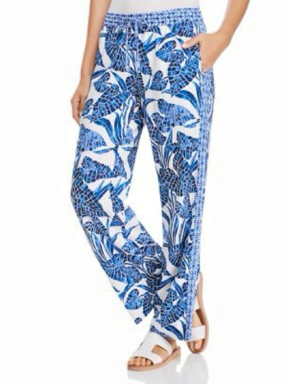 Tommy Bahama Botanical Floral Wide Leg Easy Pants in Blue & White Medium